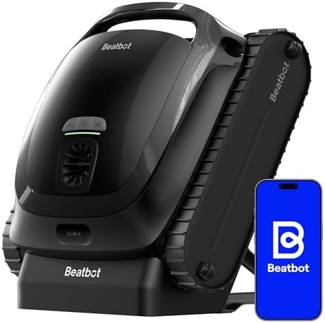 Beatbot AquaSense 2 dark grey cordless robotic pool vacuum on pool deck