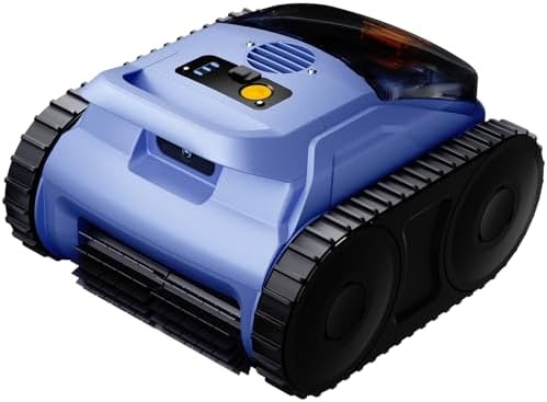 Nepturox blue cordless robotic pool vacuum on pool deck