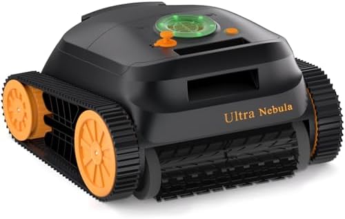CoasTeering Ultra Nebula black cordless robotic pool vacuum on pool deck