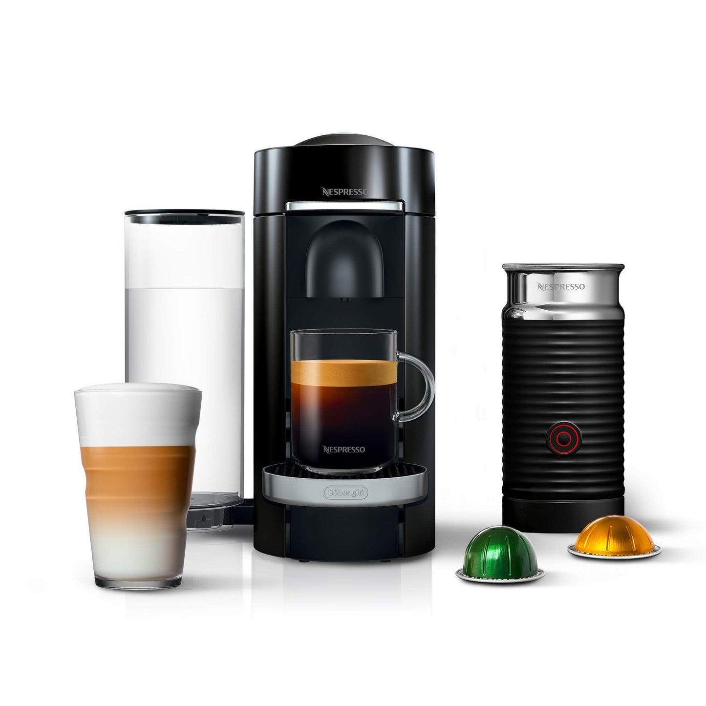 Nespresso Vertuo Plus Deluxe Coffee & Espresso Maker by De'Longhi, Black | Piano black coffee machine. Brews 4 cup sizes: 5 and 8 oz. coffee, plus single and double espresso, at the touch of a button.