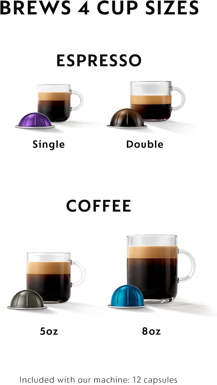 Nespresso Vertuo Plus Coffee & Espresso Maker by De'Longhi, Silver | Titan coffee machine. Brews 4 cup sizes: 5 and 8 oz. coffee, plus single and double espresso, at the touch of a button.