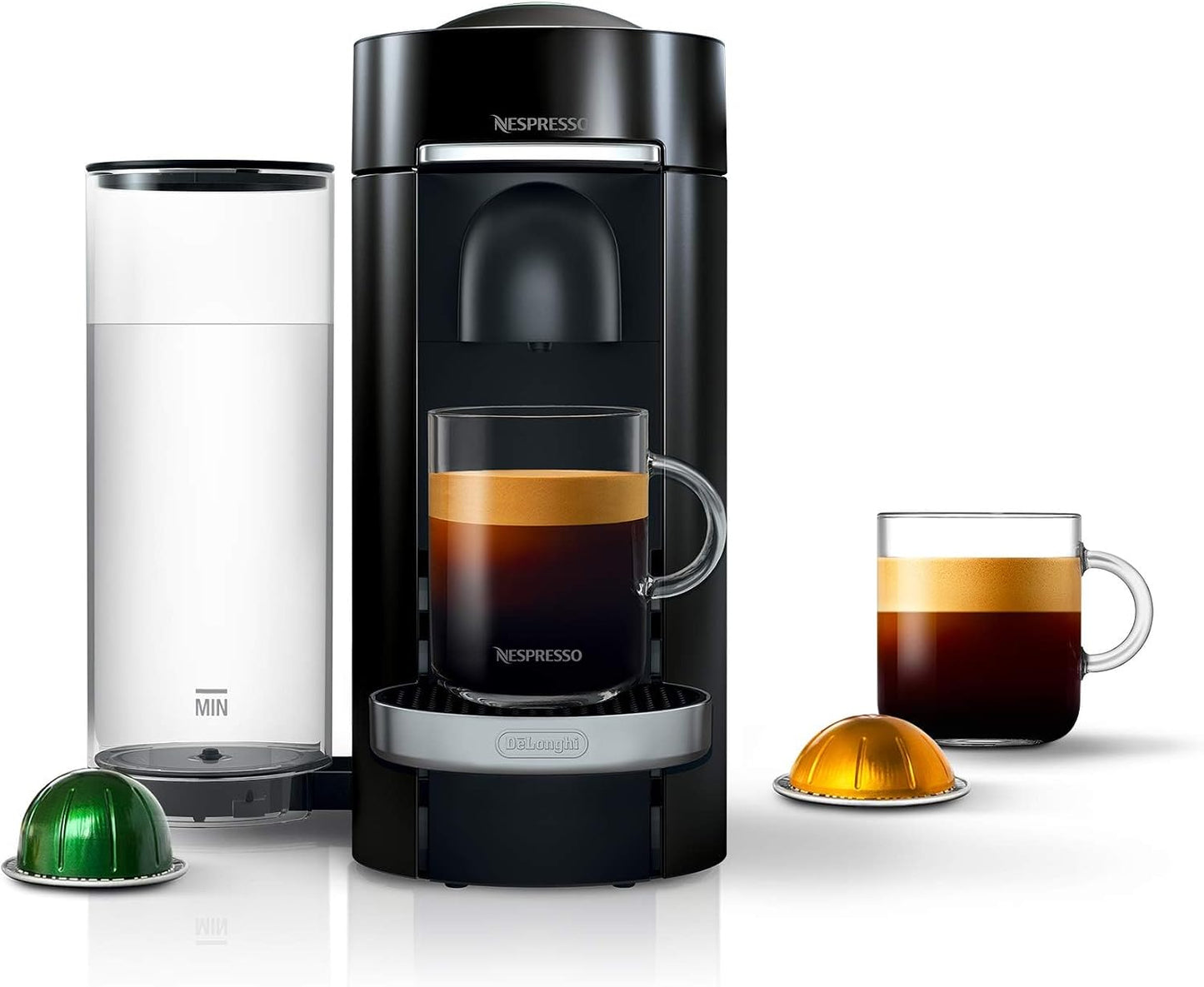 Nespresso Vertuo Plus Deluxe Coffee & Espresso Maker by De'Longhi, Black | Piano black coffee machine. Brews 4 cup sizes: 5 and 8 oz. coffee, plus single and double espresso, at the touch of a button.