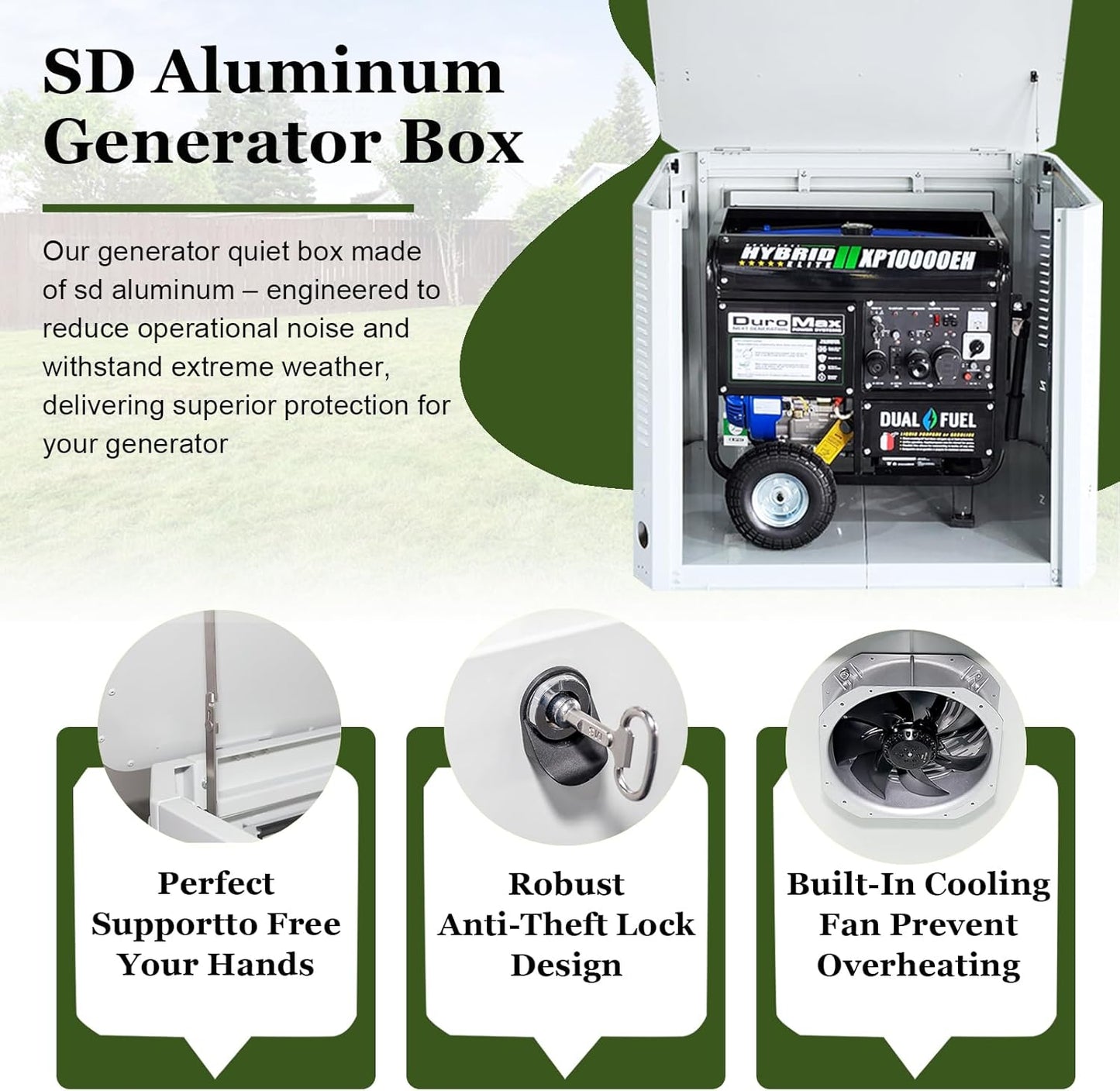 Generator Box, Hudson SD Aluminum Generator Quiet Box Interior Space: 39.4”x32”x31.7”, Air-Cooled Generator Cover with Powerful Fan, for Most Heavy Duty and Portable Generators, White