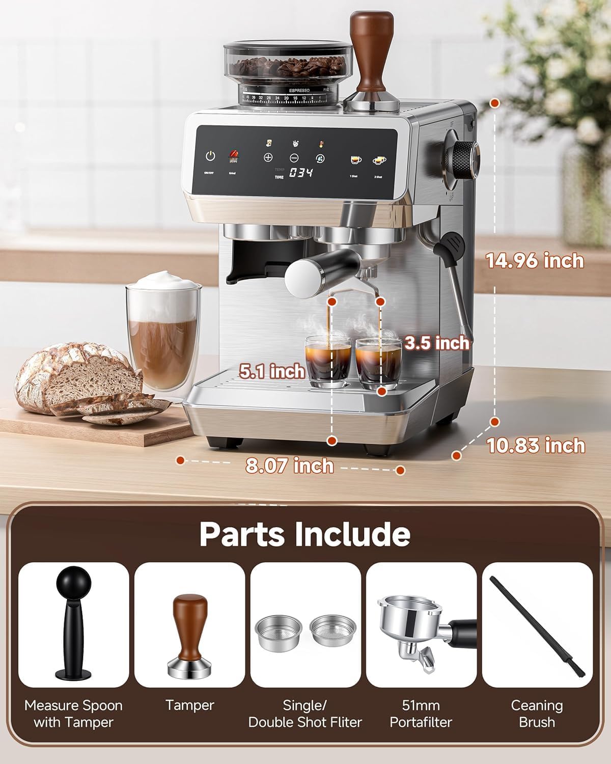AMZCHEF Espresso Machine With Grinder, Temp Control, 44 Grind Settings | Hot & Cold Brew, Cappuccinos & Lattes, Built-in Grinder, Milk Frother, Touch Screen, Easy to Clean, Compact Design, Silver