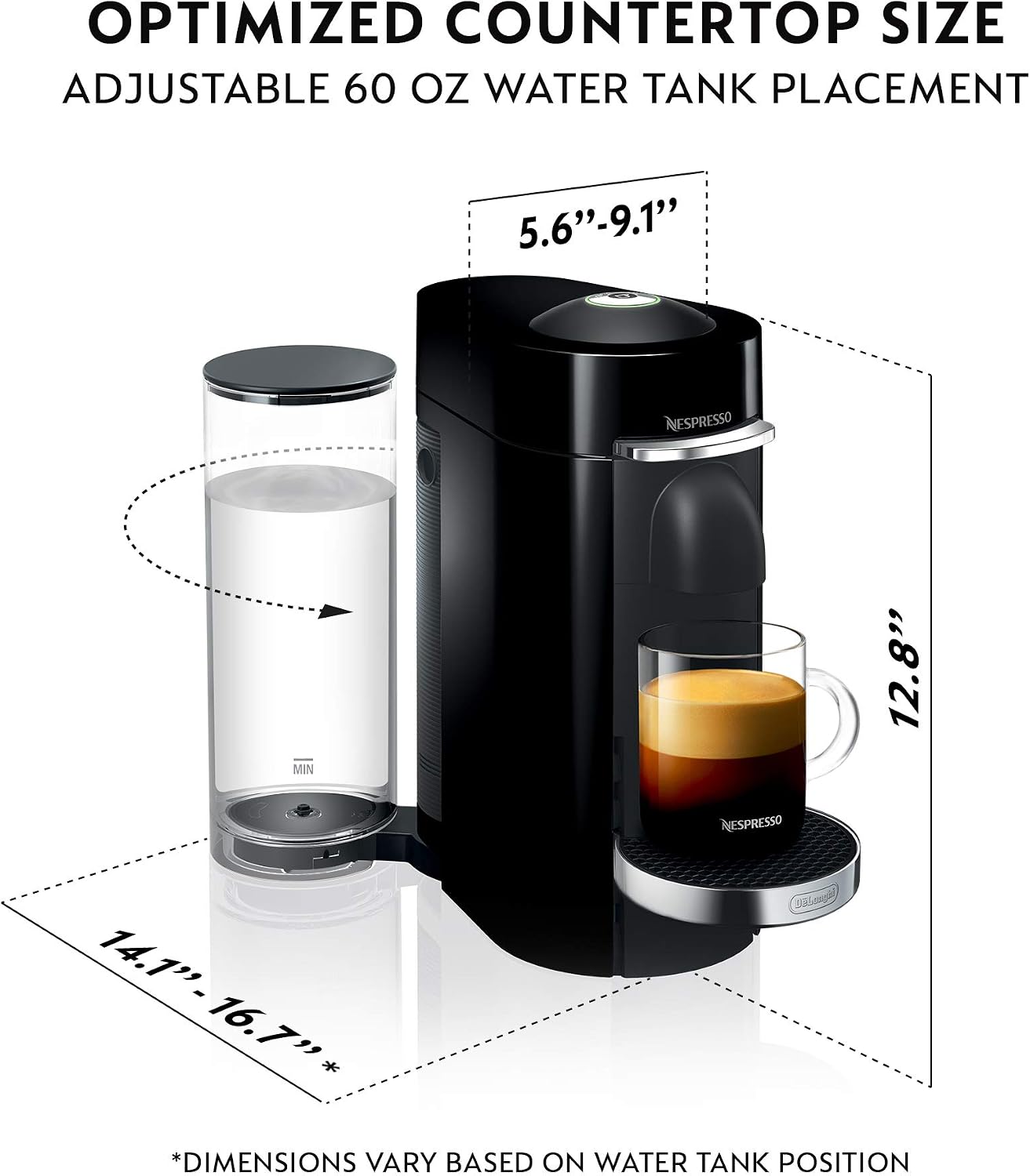 Nespresso Vertuo Plus Deluxe Coffee & Espresso Maker by De'Longhi, Black | Piano black coffee machine. Brews 4 cup sizes: 5 and 8 oz. coffee, plus single and double espresso, at the touch of a button.
