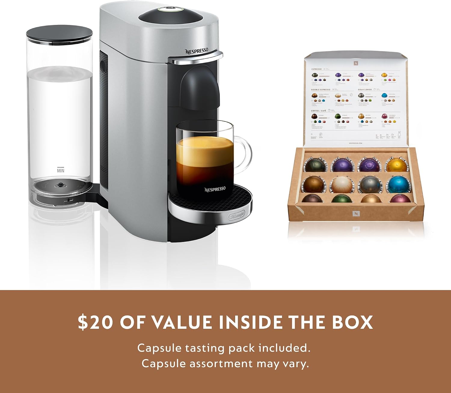 Nespresso Vertuo Plus Coffee & Espresso Maker by De'Longhi, Silver | Titan coffee machine. Brews 4 cup sizes: 5 and 8 oz. coffee, plus single and double espresso, at the touch of a button.