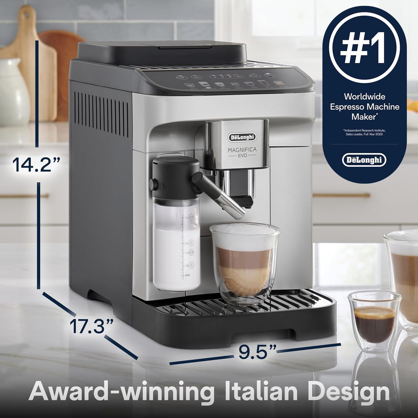 De'Longhi Magnifica Evo Automatic Espresso Machine, Milk Frother, Silver | #1 Worldwide Espresso Machine Maker, 7 One-Touch Recipes, Frother, Built-In Grinder, Craft Personalized Signature Drink