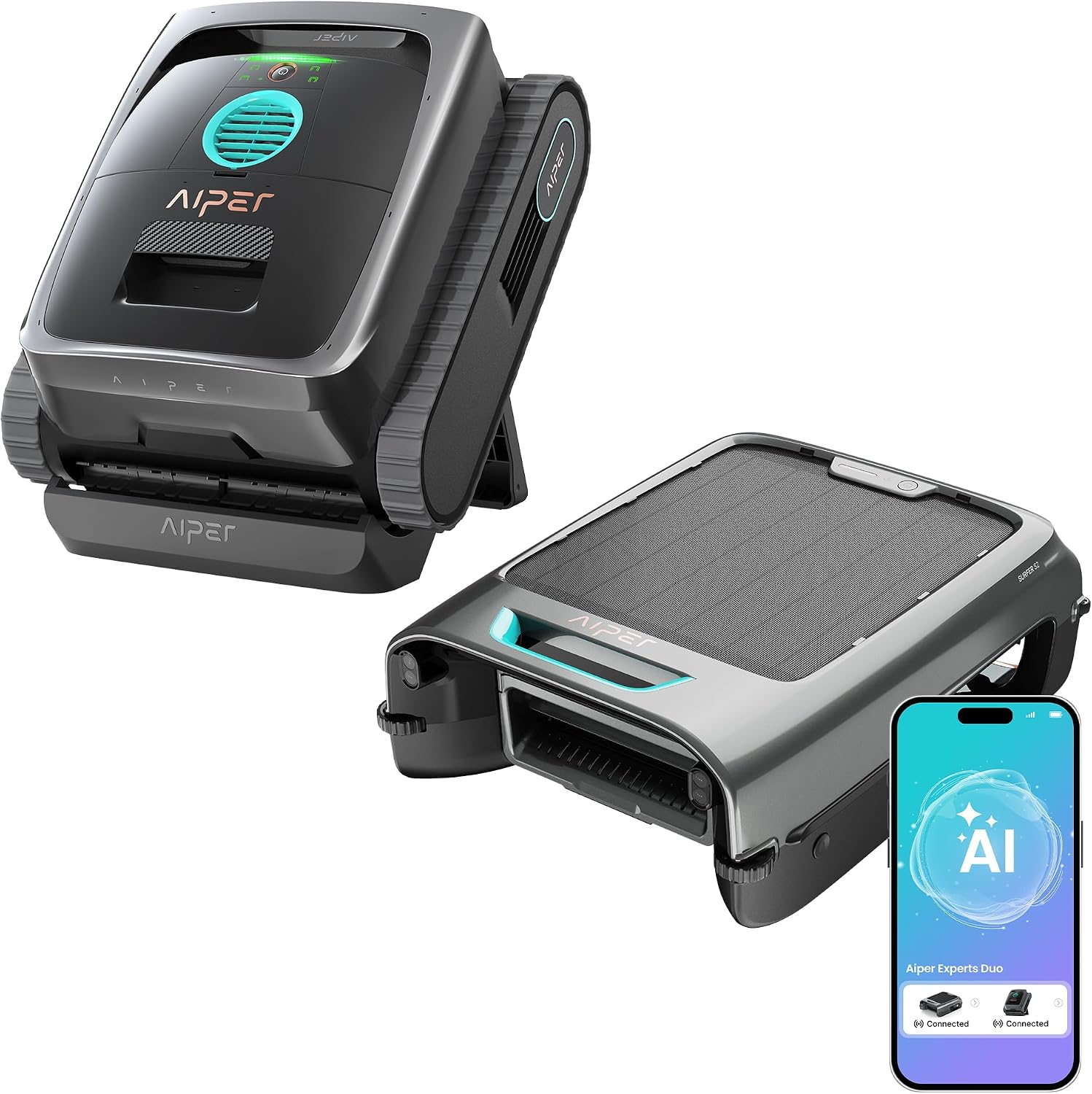 AIPER EcoSurfer S2 solar skimmer operating on pool water surface simultaneously