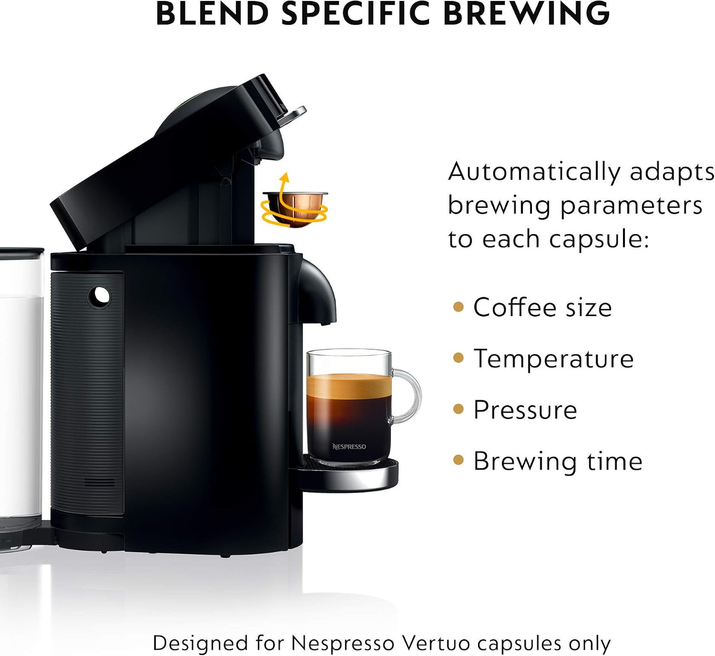 Nespresso Vertuo Plus Deluxe Coffee & Espresso Maker by De'Longhi, Black | Piano black coffee machine. Brews 4 cup sizes: 5 and 8 oz. coffee, plus single and double espresso, at the touch of a button.