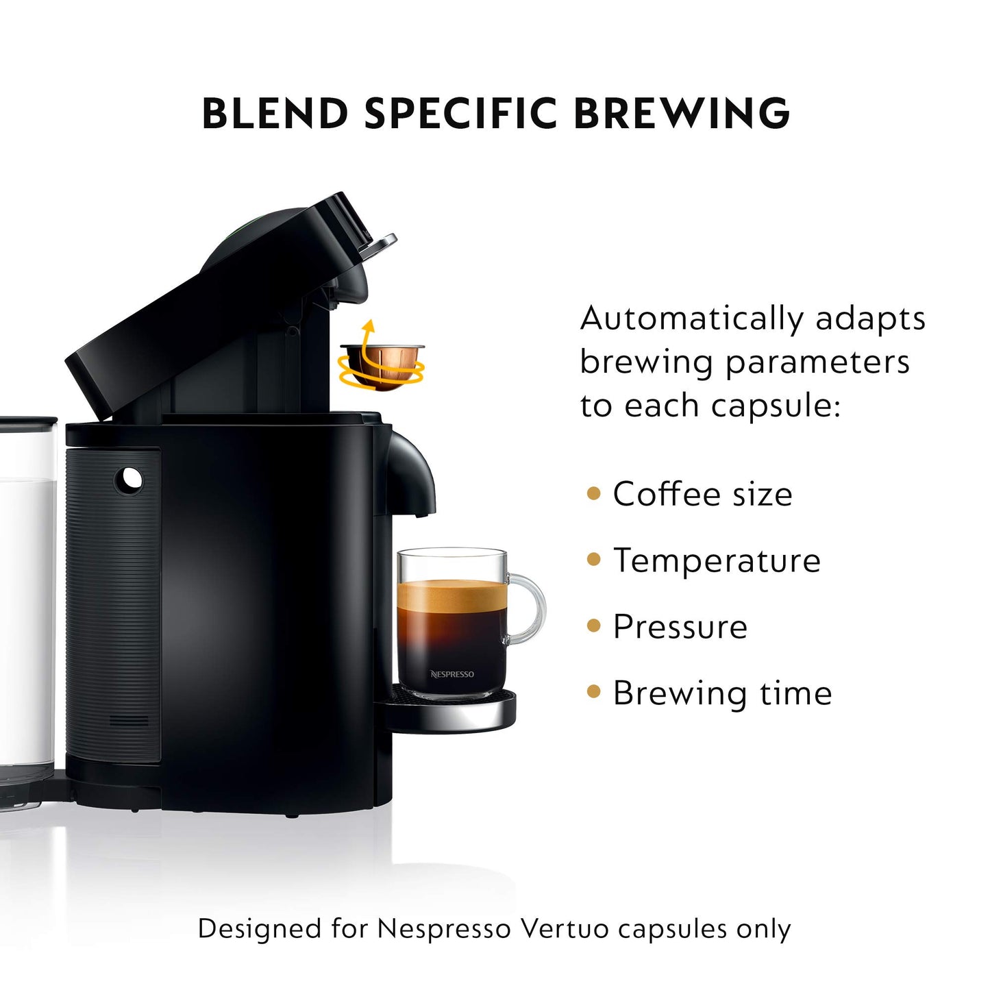 Nespresso Vertuo Plus Deluxe Coffee & Espresso Maker by De'Longhi, Black | Piano black coffee machine. Brews 4 cup sizes: 5 and 8 oz. coffee, plus single and double espresso, at the touch of a button.