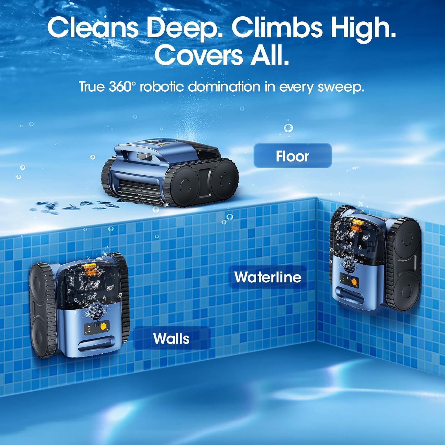 Nepturox pool vacuum climbing pool wall in full-coverage cleaning mode