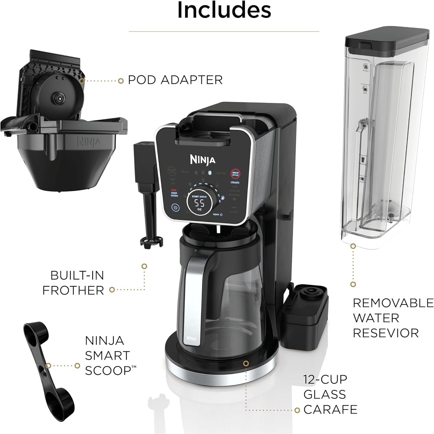 Ninja Specialty Drip Coffee Maker, DualBrew Pro, Black, CFP301 | Coffee Machine w/ Frother, Paper Filter, Brew with Pods & Grounds, K Cups Compatible, 4 Brew Styles, 13 Cup to Pot Sizes