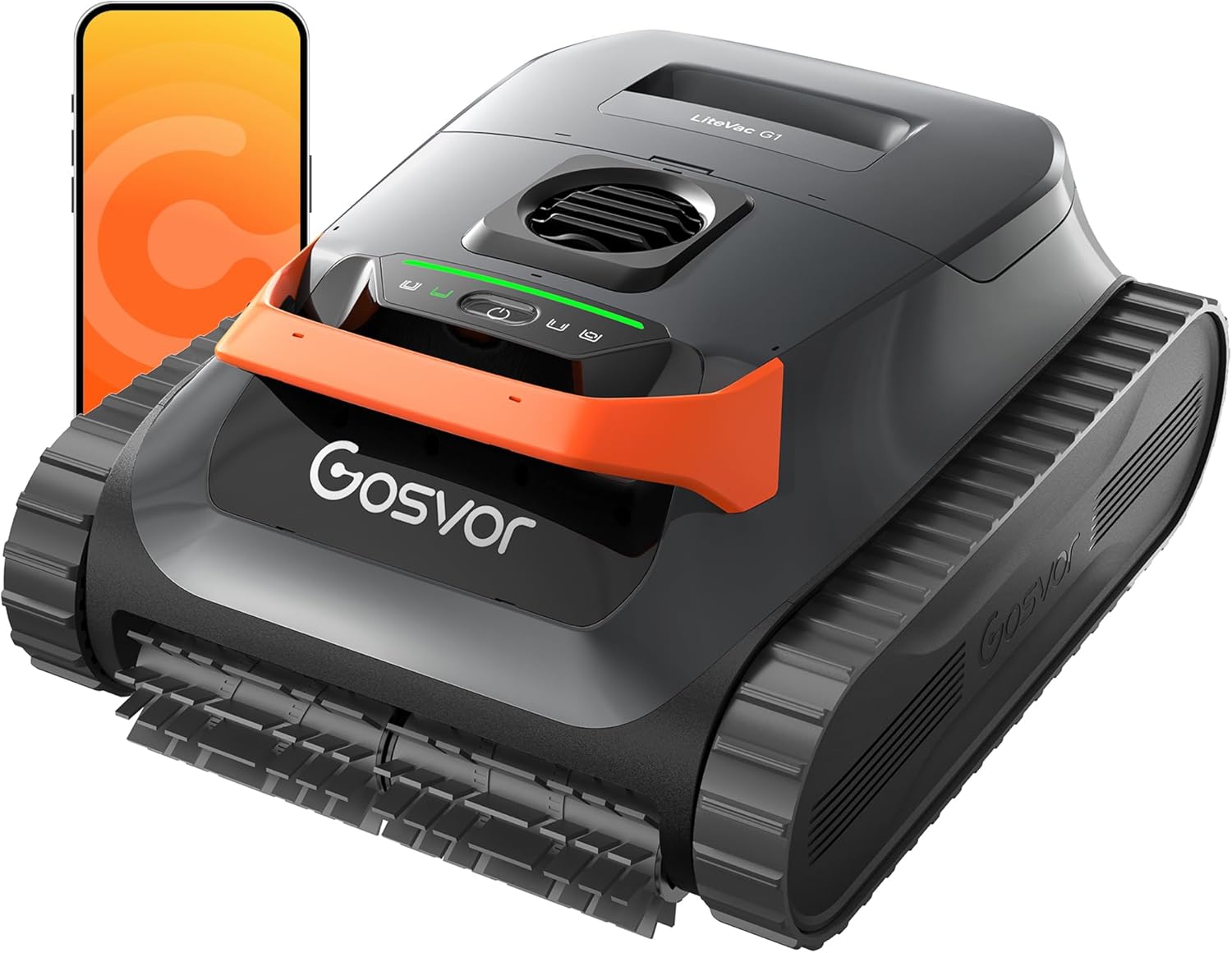 LiteVac G1 pool robot caterpillar tread system on pool floor
