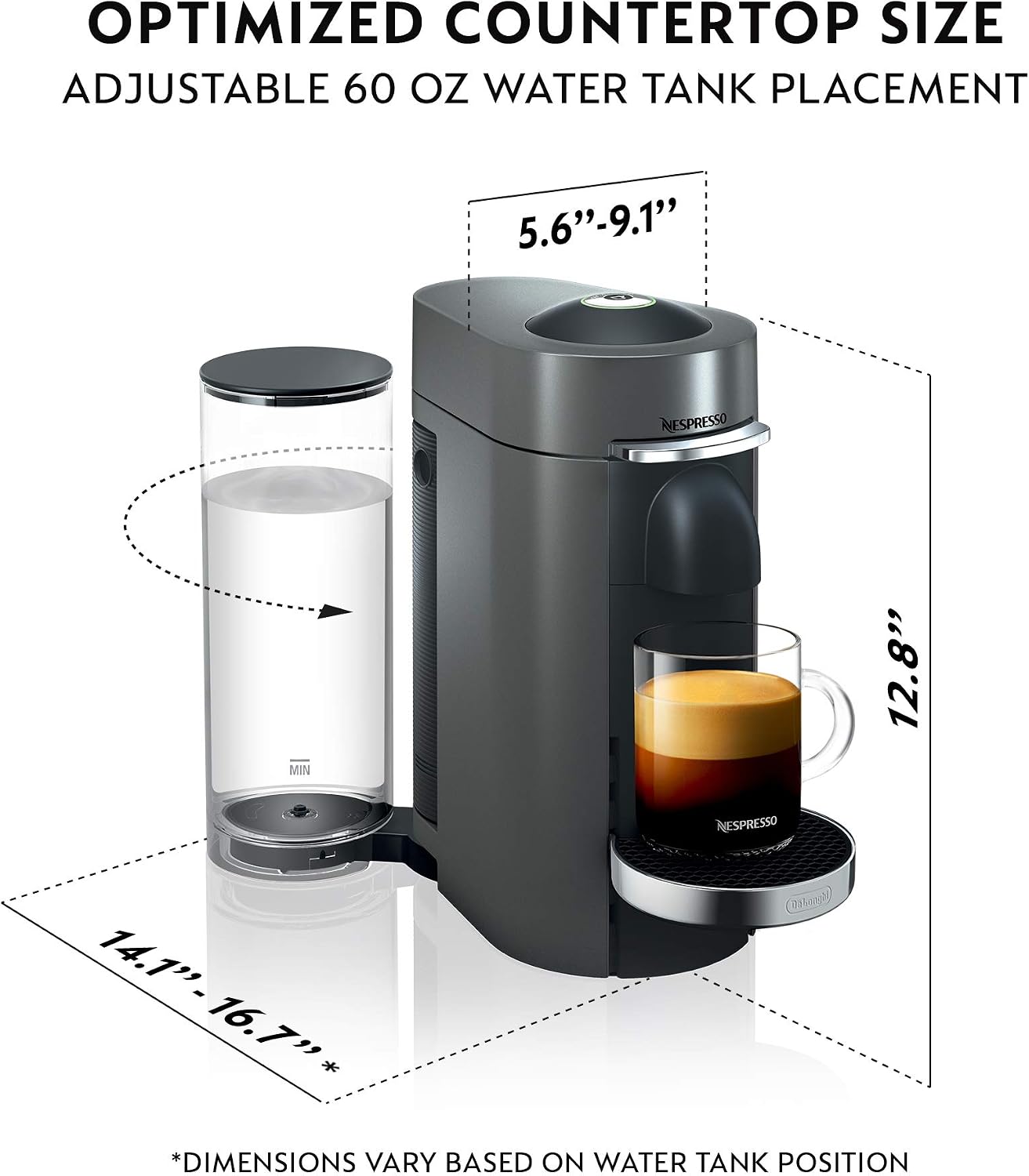 Nespresso Vertuo Plus Coffee & Espresso Maker by De'Longhi, Silver | Titan coffee machine. Brews 4 cup sizes: 5 and 8 oz. coffee, plus single and double espresso, at the touch of a button.