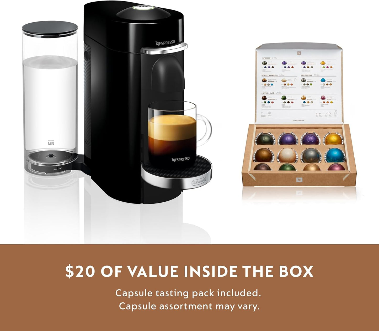 Nespresso Vertuo Plus Deluxe Coffee & Espresso Maker by De'Longhi, Black | Piano black coffee machine. Brews 4 cup sizes: 5 and 8 oz. coffee, plus single and double espresso, at the touch of a button.