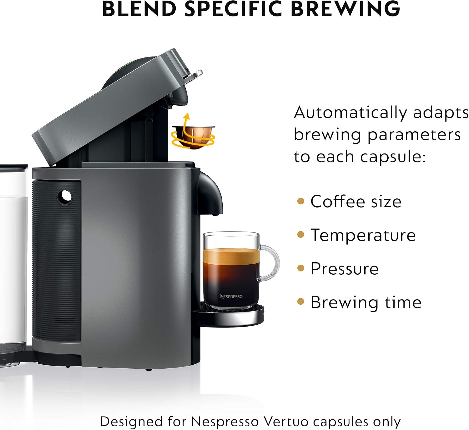 Nespresso Vertuo Plus Coffee & Espresso Maker by De'Longhi, Silver | Titan coffee machine. Brews 4 cup sizes: 5 and 8 oz. coffee, plus single and double espresso, at the touch of a button.