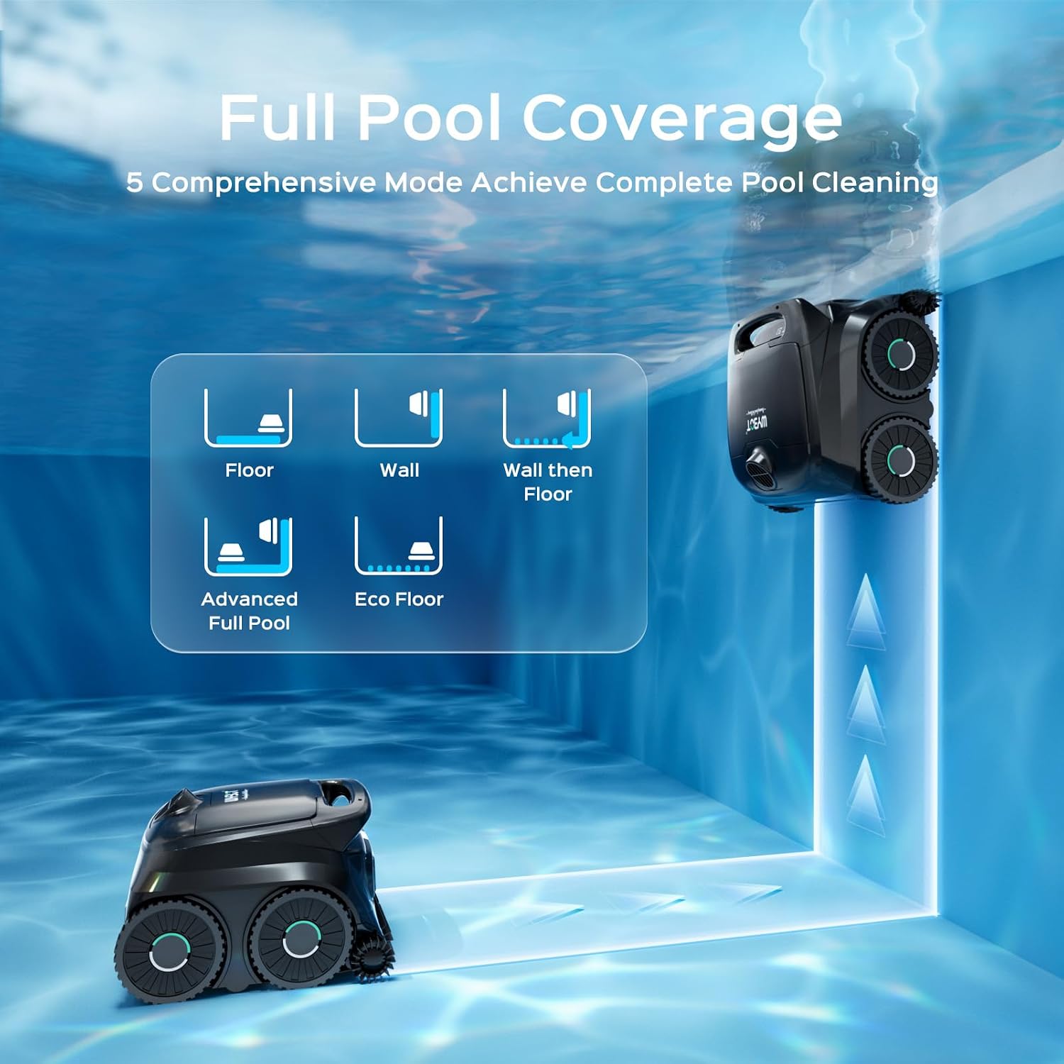 WYBOT B1 pool robot navigating around pool drain obstacle smoothly