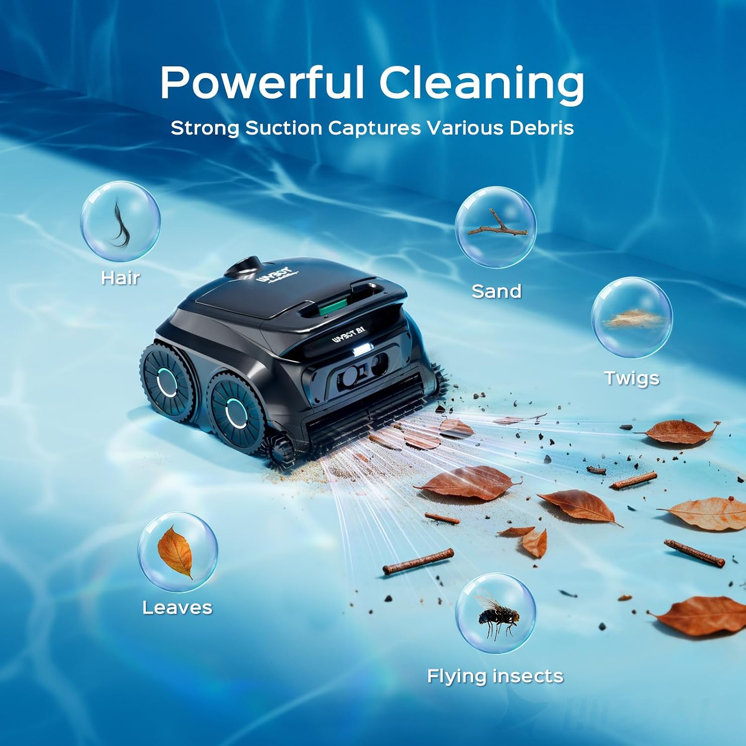 WYBOT B1 robotic pool vacuum climbing pool wall during cleaning cycle