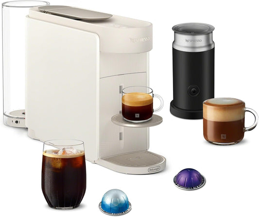 Nespresso Vertuo Up Coffee Machine with Milk Frother, White | Coffee and espresso maker by De'Longhi with 3 second start and iced mode. Aeroccino3 bundle for hot or cold milk foam.