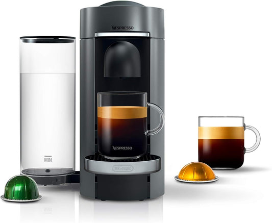 Nespresso Vertuo Plus Coffee & Espresso Maker by De'Longhi, Silver | Titan coffee machine. Brews 4 cup sizes: 5 and 8 oz. coffee, plus single and double espresso, at the touch of a button.