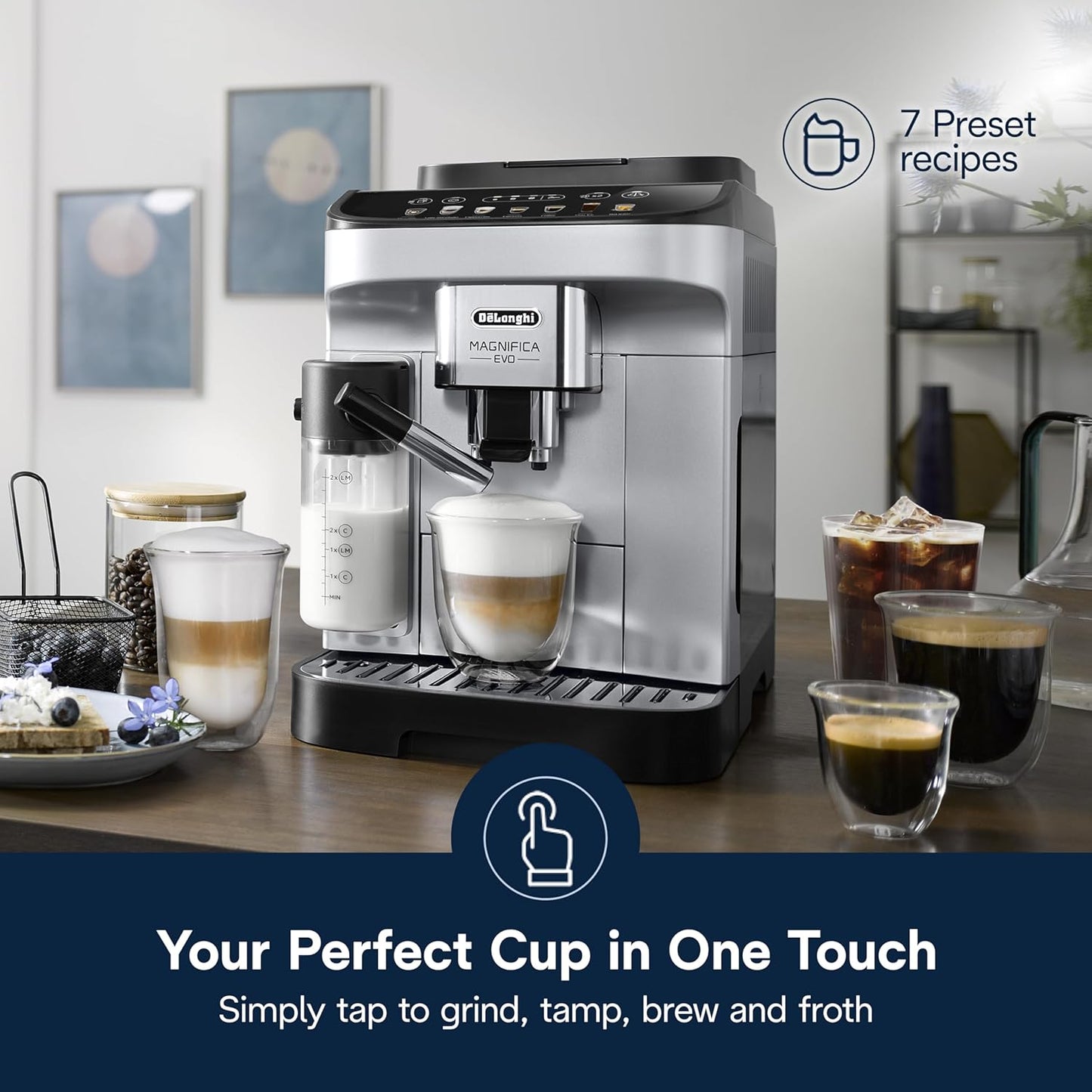 De'Longhi Magnifica Evo Automatic Espresso Machine, Milk Frother, Silver | #1 Worldwide Espresso Machine Maker, 7 One-Touch Recipes, Frother, Built-In Grinder, Craft Personalized Signature Drink