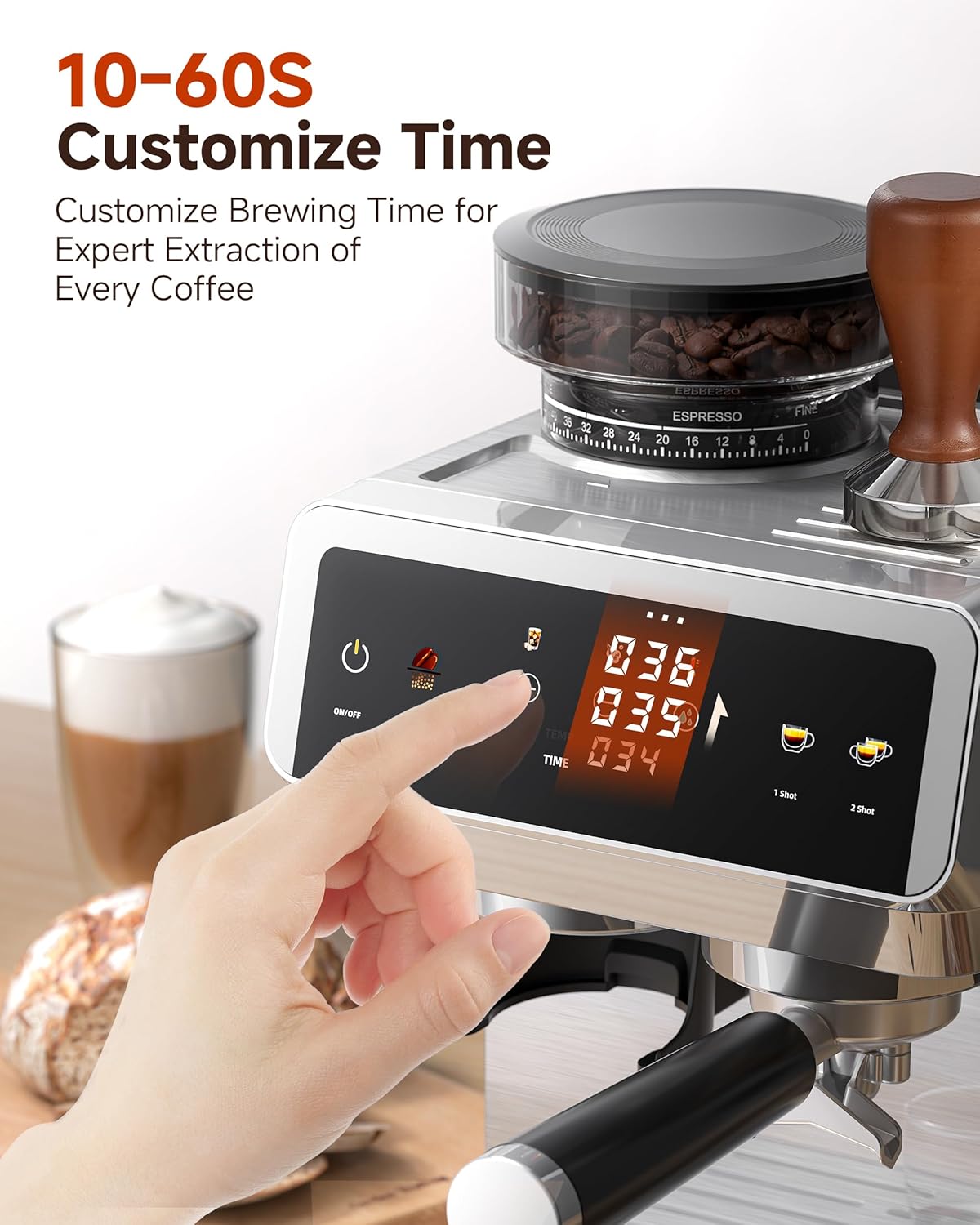 AMZCHEF Espresso Machine With Grinder, Temp Control, 44 Grind Settings | Hot & Cold Brew, Cappuccinos & Lattes, Built-in Grinder, Milk Frother, Touch Screen, Easy to Clean, Compact Design, Silver
