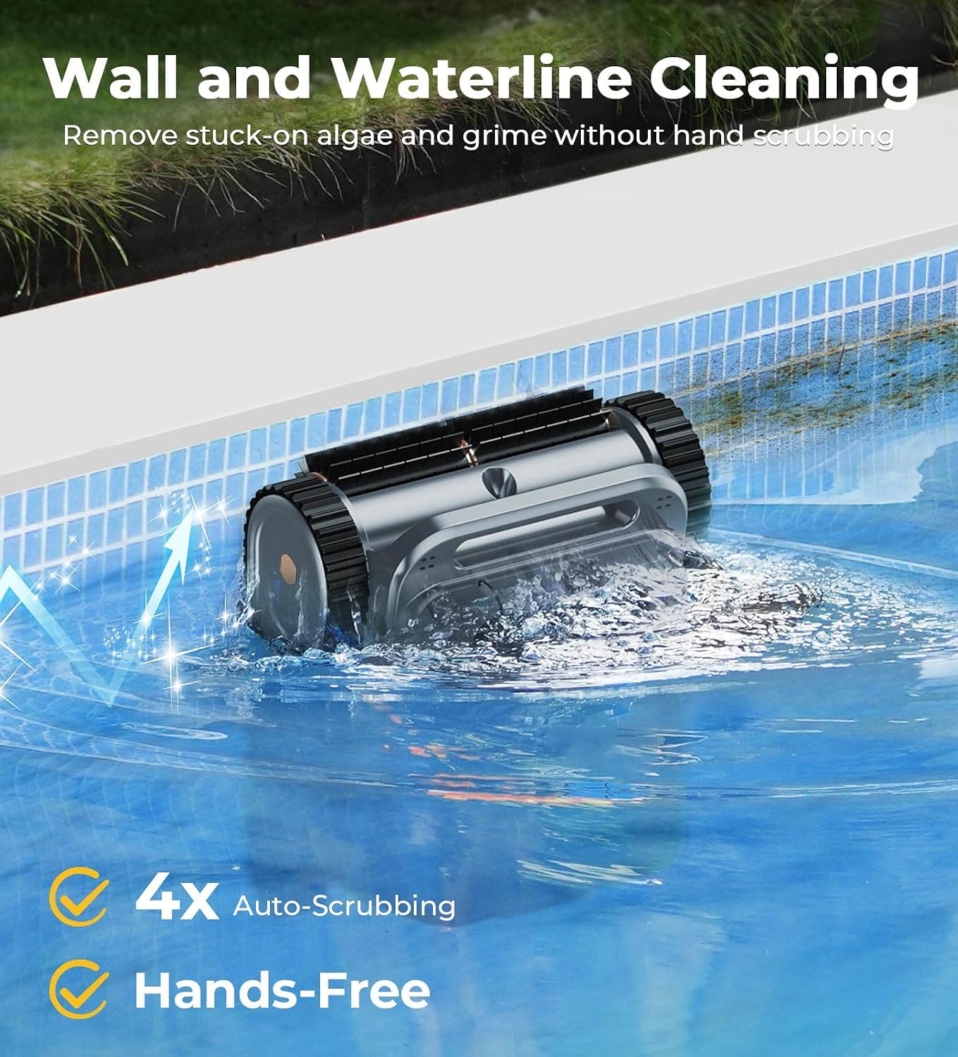 EZIOOV U8 pool vacuum robot scrubbing waterline in inground pool