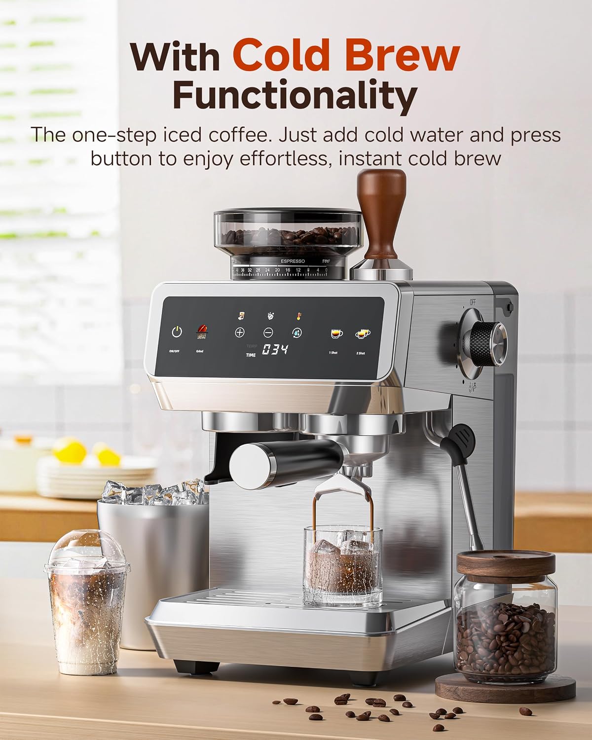 AMZCHEF Espresso Machine With Grinder, Temp Control, 44 Grind Settings | Hot & Cold Brew, Cappuccinos & Lattes, Built-in Grinder, Milk Frother, Touch Screen, Easy to Clean, Compact Design, Silver