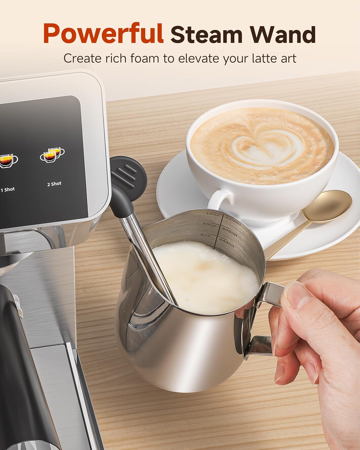 AMZCHEF Espresso Machine With Grinder, Temp Control, 44 Grind Settings | Hot & Cold Brew, Cappuccinos & Lattes, Built-in Grinder, Milk Frother, Touch Screen, Easy to Clean, Compact Design, Silver