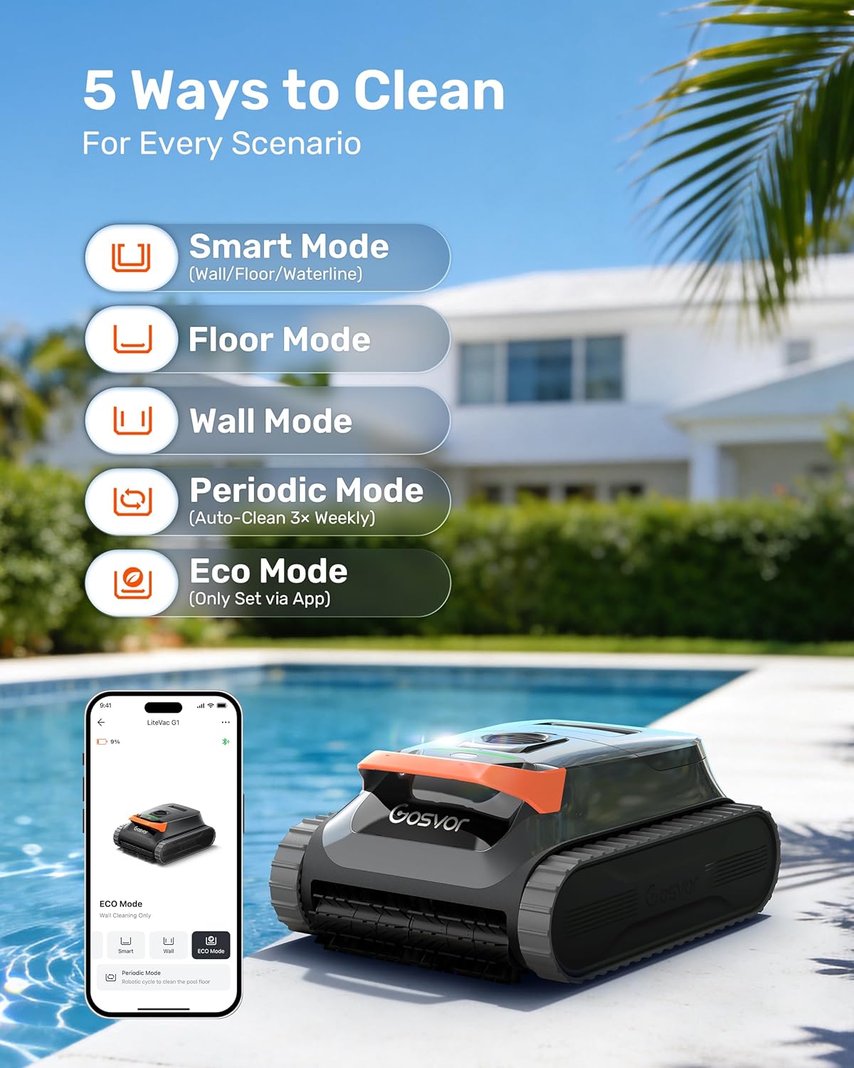 LiteVac G1 automatic pool wall return after completed cleaning cycle
