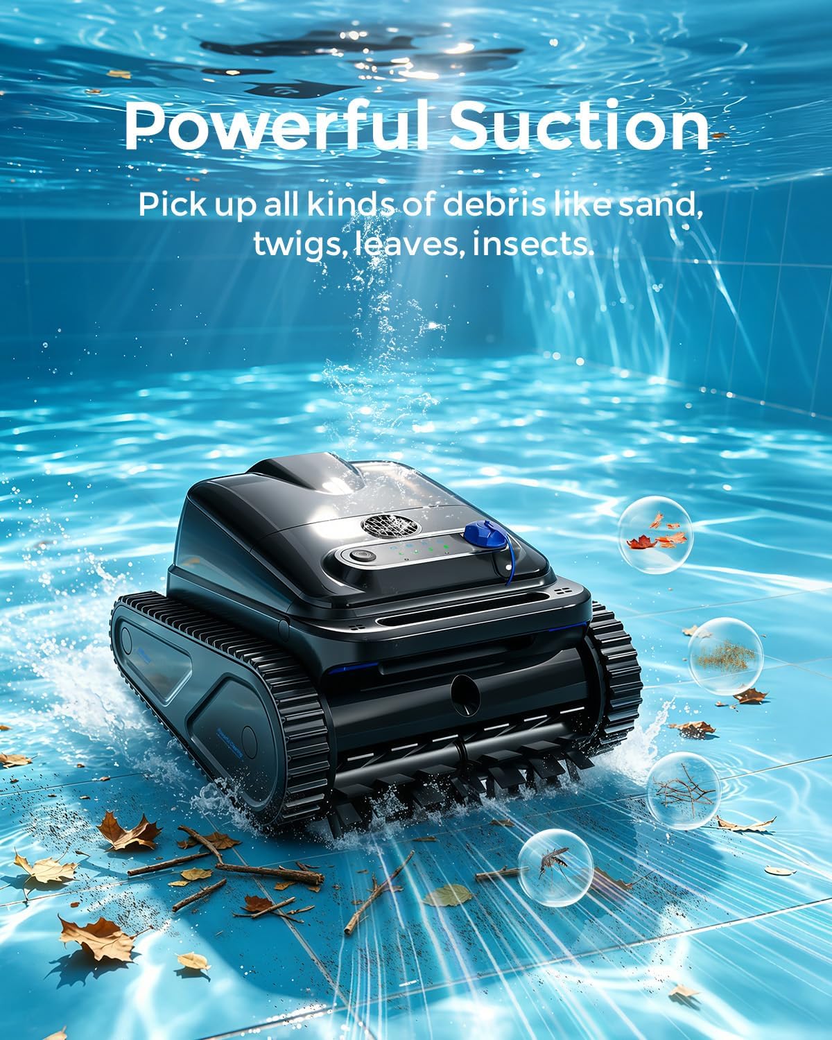 OUCAXIA pool robot scrubbing waterline buildup and scum line removal