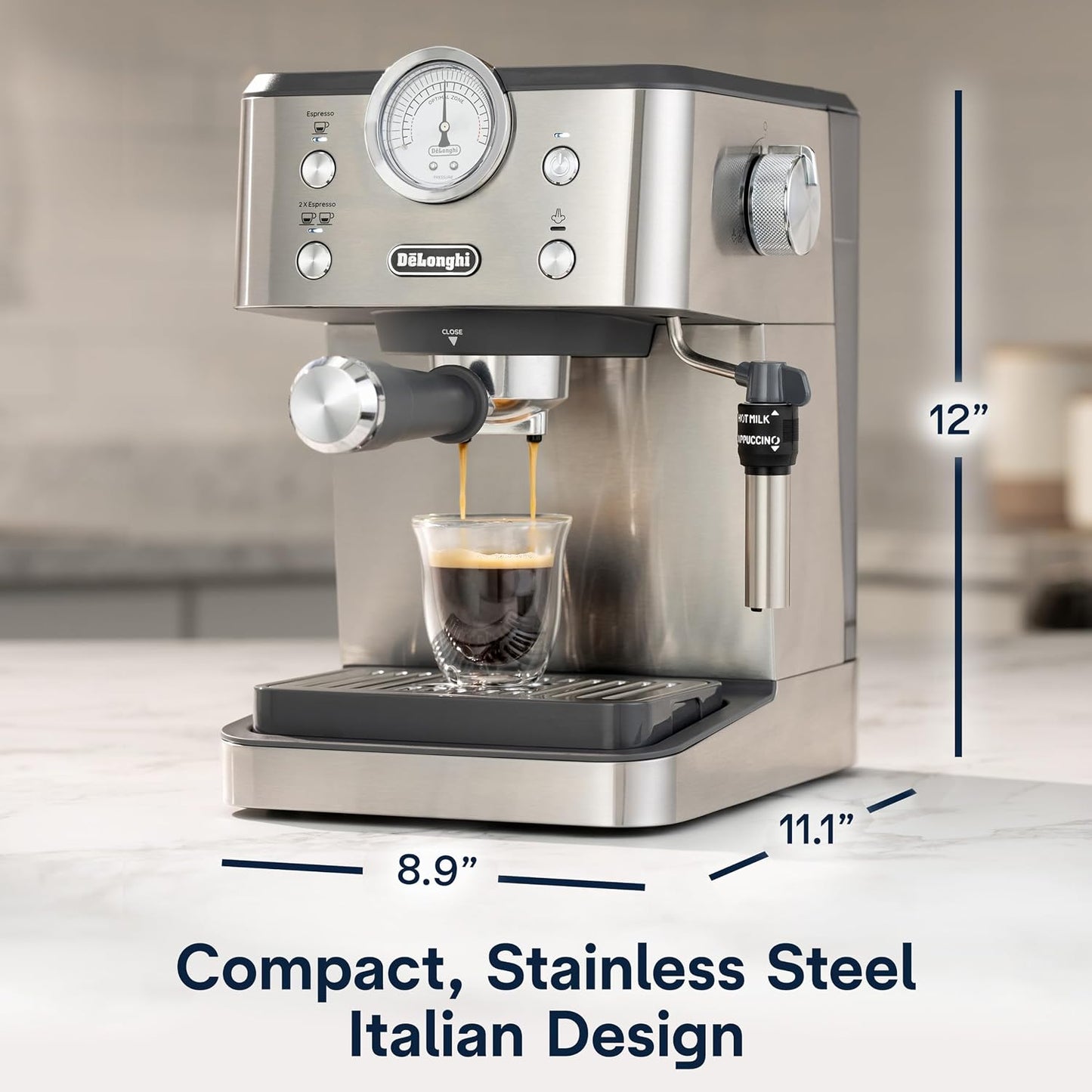 De'Longhi Classic Signature Espresso Machine, Adjustable Milk Frother | #1 Worldwide Espresso Machine Maker, Rapid Heat-Up, Preset Single & Double Espresso, Frother, Pressure Gauge, Compact Design