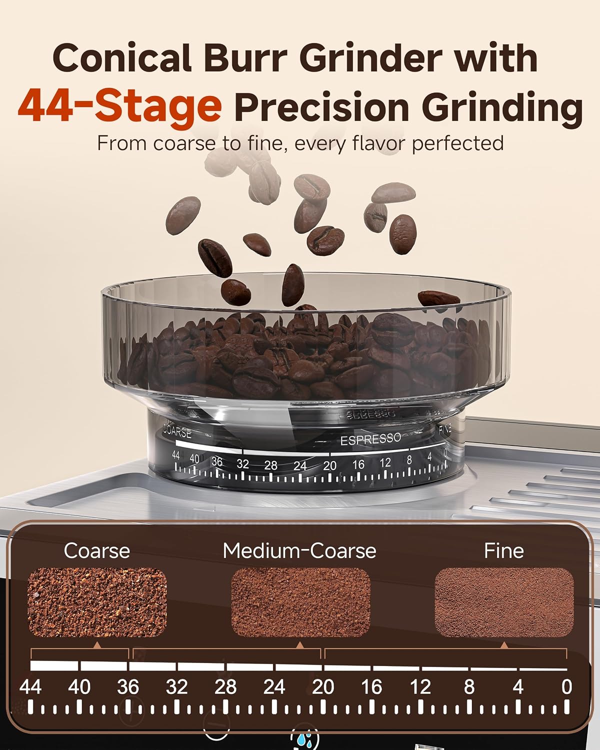 AMZCHEF Espresso Machine With Grinder, Temp Control, 44 Grind Settings | Hot & Cold Brew, Cappuccinos & Lattes, Built-in Grinder, Milk Frother, Touch Screen, Easy to Clean, Compact Design, Silver