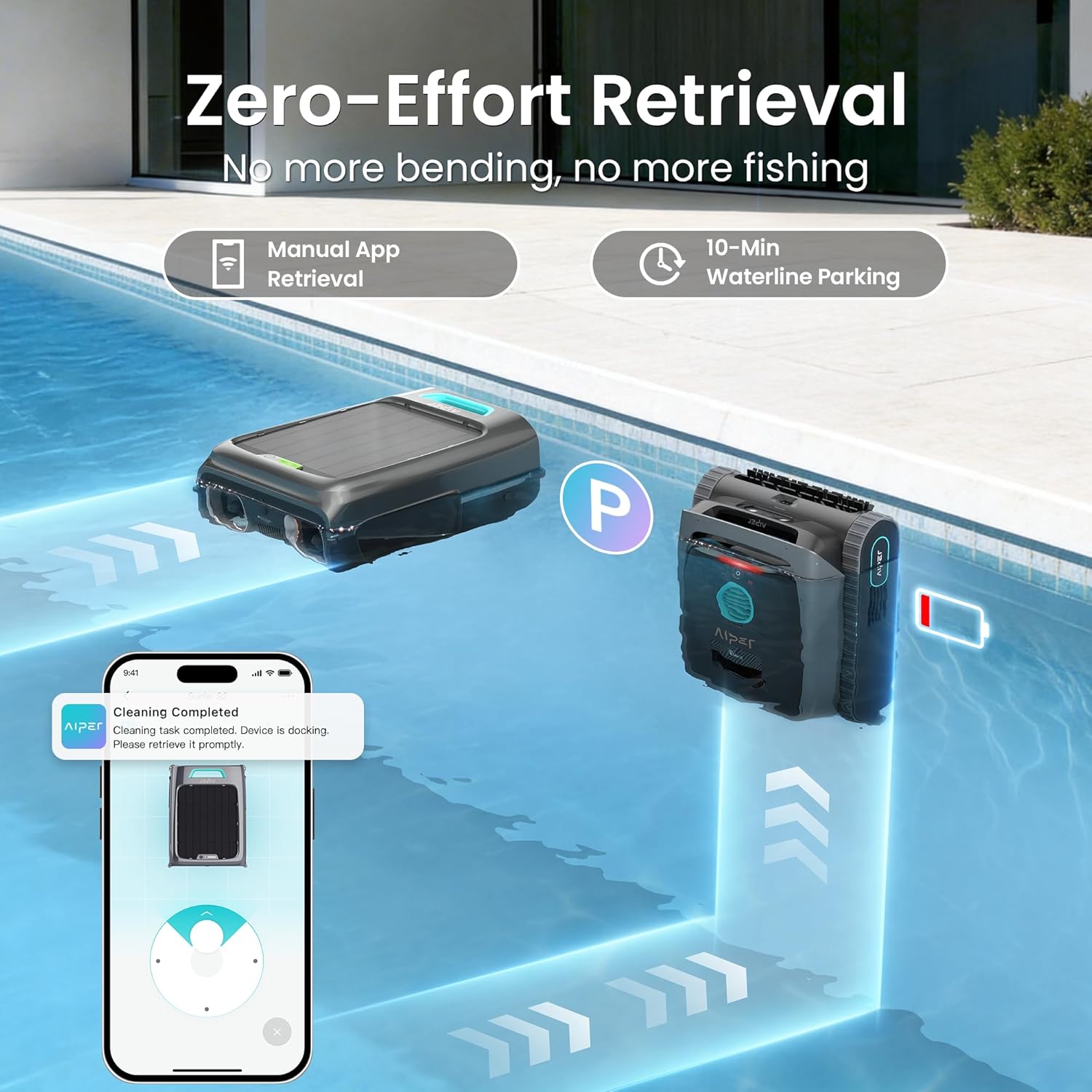 AIPER Scuba V3 auto-parking at waterline with real-time app notification