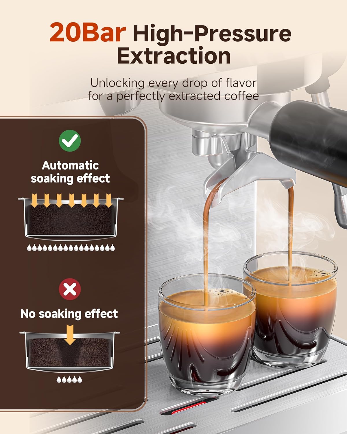 AMZCHEF Espresso Machine With Grinder, Temp Control, 44 Grind Settings | Hot & Cold Brew, Cappuccinos & Lattes, Built-in Grinder, Milk Frother, Touch Screen, Easy to Clean, Compact Design, Silver