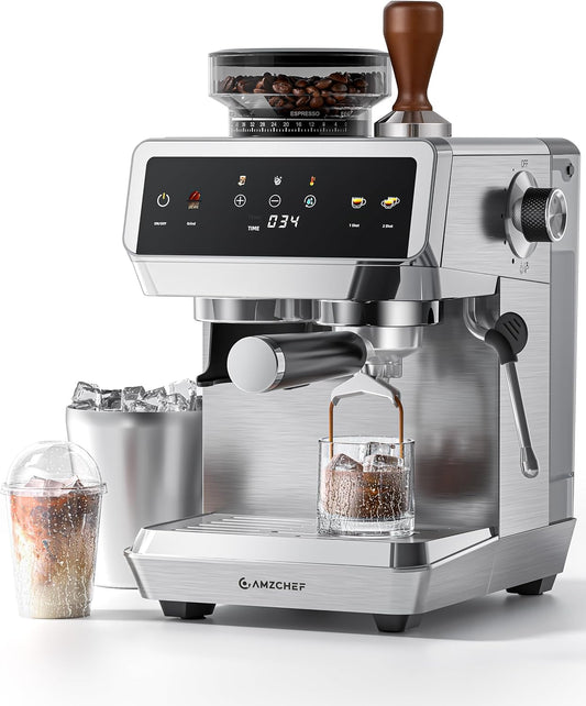 AMZCHEF Espresso Machine With Grinder, Temp Control, 44 Grind Settings | Hot & Cold Brew, Cappuccinos & Lattes, Built-in Grinder, Milk Frother, Touch Screen, Easy to Clean, Compact Design, Silver