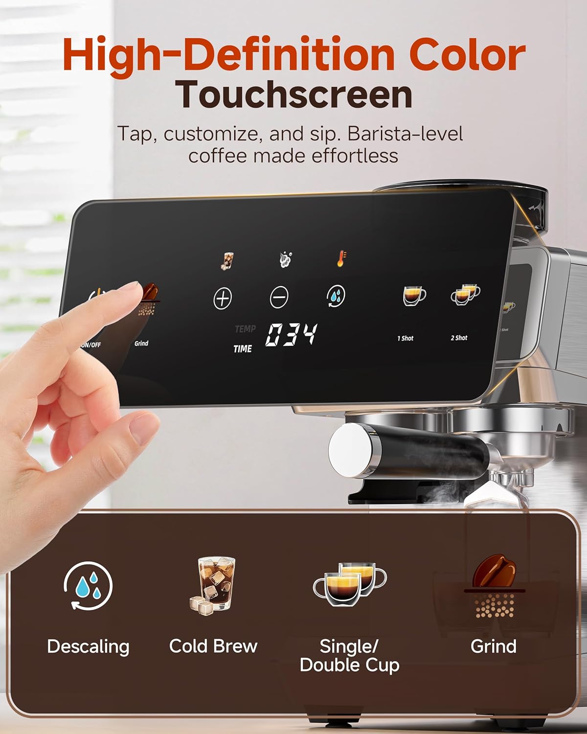 AMZCHEF Espresso Machine With Grinder, Temp Control, 44 Grind Settings | Hot & Cold Brew, Cappuccinos & Lattes, Built-in Grinder, Milk Frother, Touch Screen, Easy to Clean, Compact Design, Silver