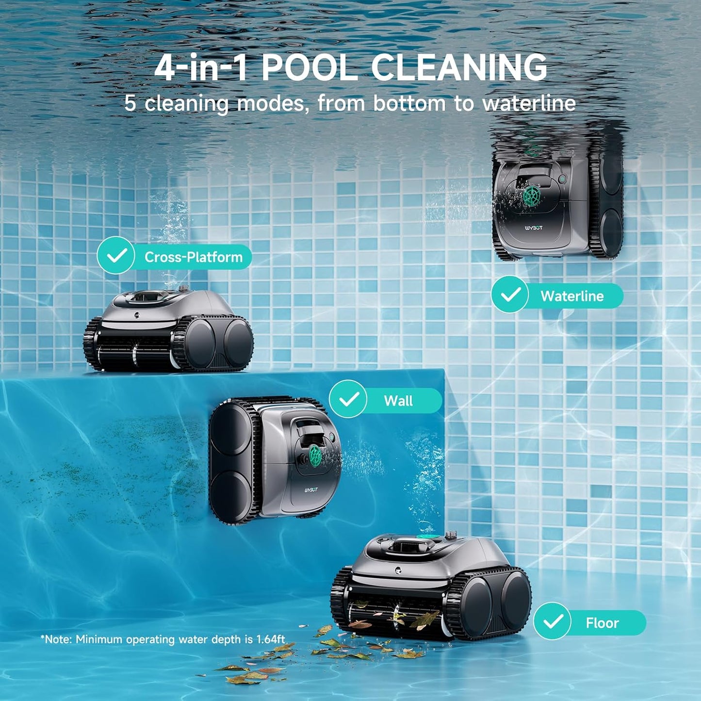 WYBOT C1 climbing 45 degree pool wall slope dual PVC brush traction
