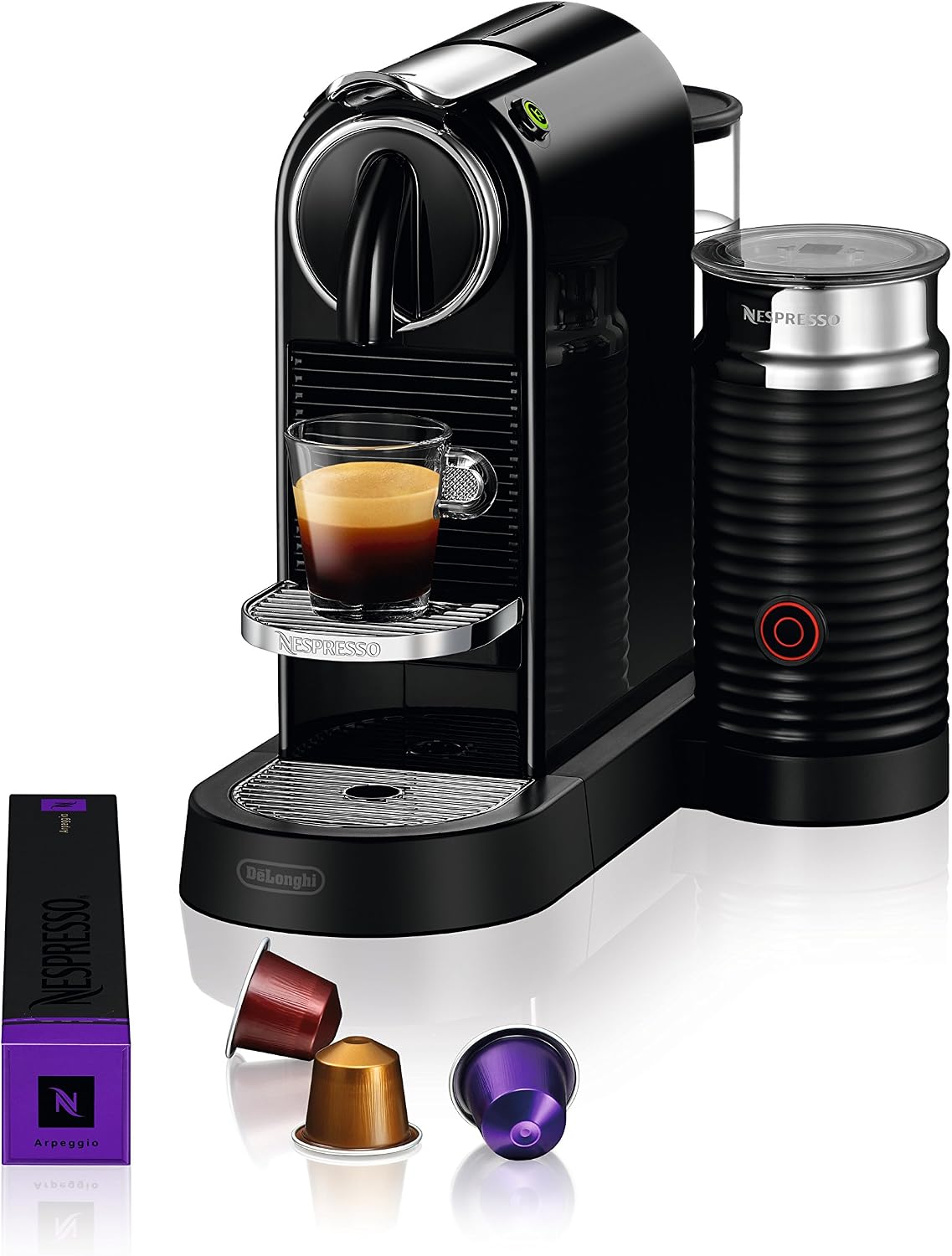 Nespresso CitiZ Coffee and Espresso Machine by De'Longhi with Milk Frother, Black, 9.3 x 14.6 x 10.9 inches | Limousine black espresso machine with integrated milk frother for cappuccinos and lattes. 19 bar pump with fast heat-up.